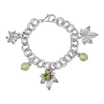 1928 Silver Tone Grape Leaves and Multi-Color Bead Accent Charm Bracelet