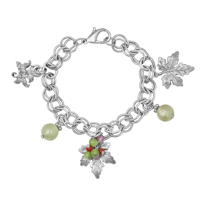 1928 Silver Tone Grape Leaves and Multi-Color Bead Accent Charm Bracelet, W