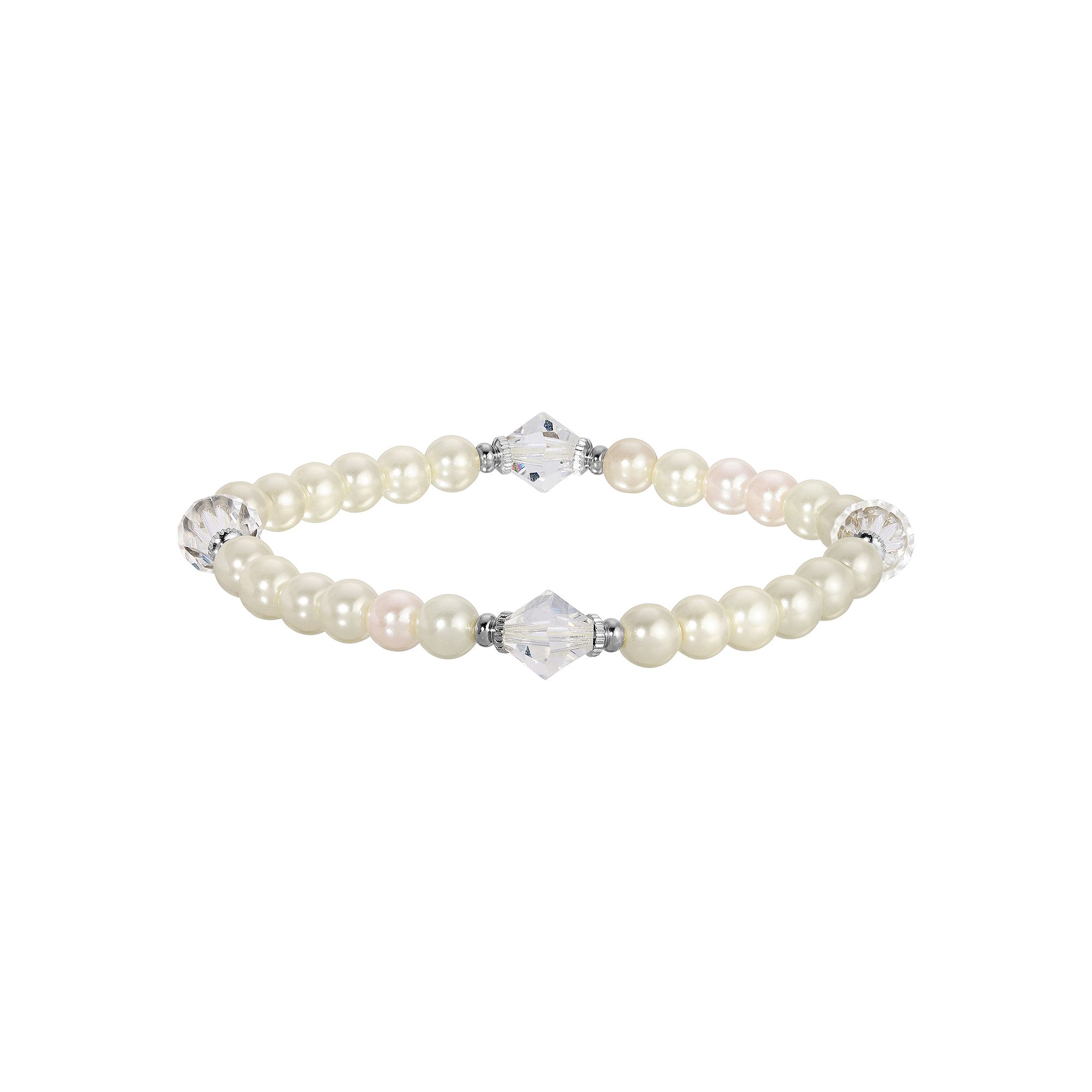 1928 Silver Tone Simulated Pearl and Lantern Bead Stretch Bracelet, Womens