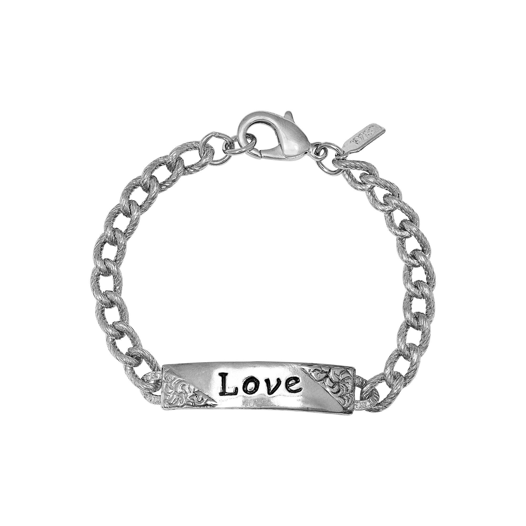 1928 Silver Tone Embossed Love Curb Link Bracelet, Womens, Gray