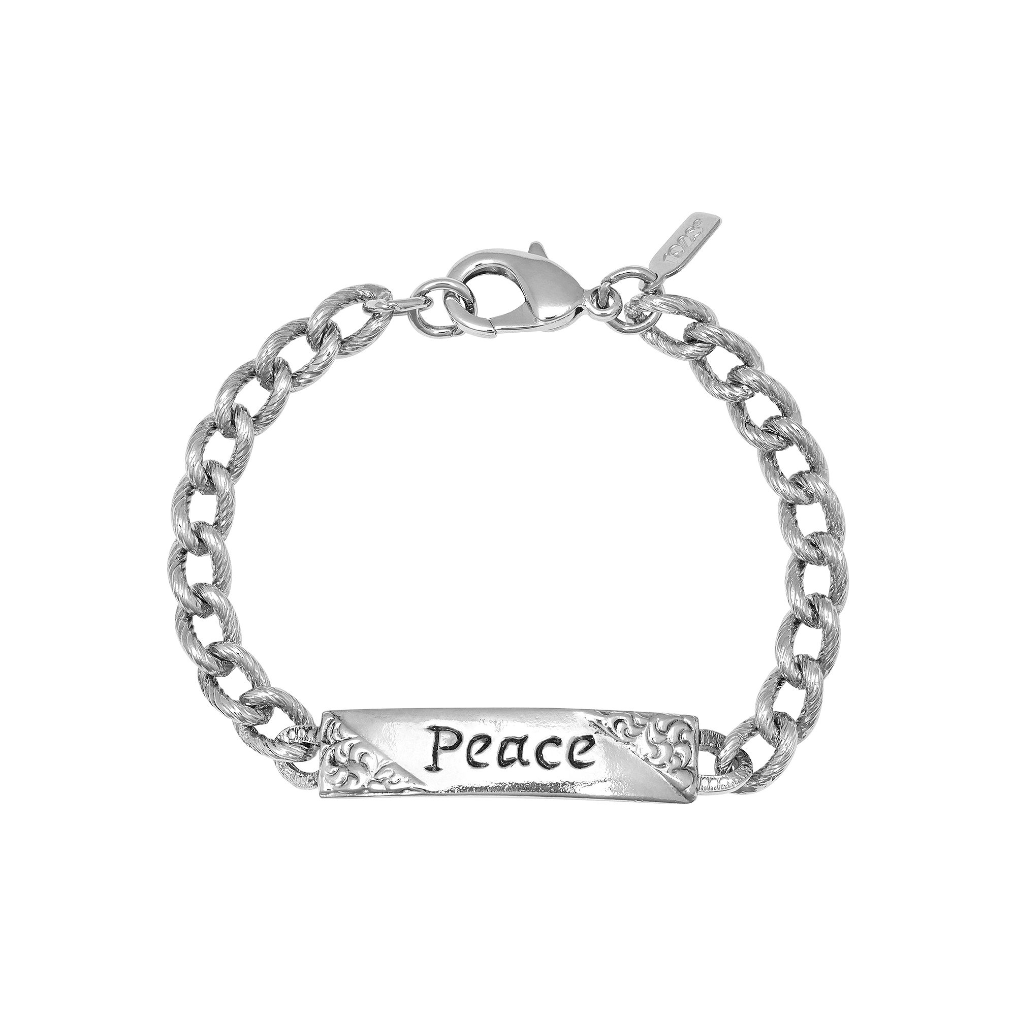 1928 Silver Tone Embossed Peace Curb Link Bracelet, Womens, Gray