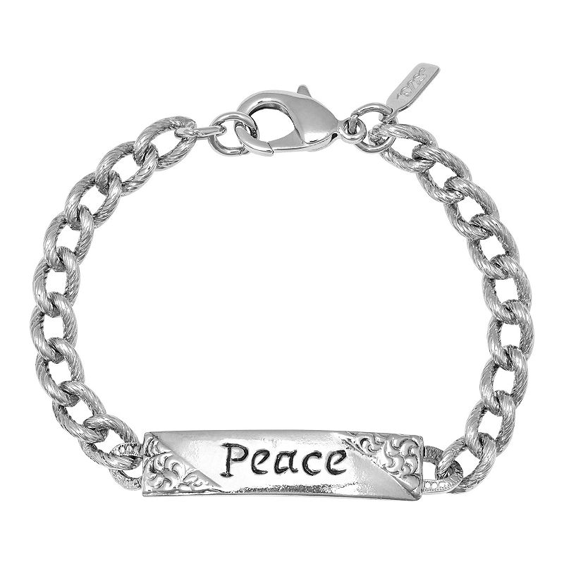 1928 Silver Tone Embossed Peace Curb Link Bracelet, Womens, Grey