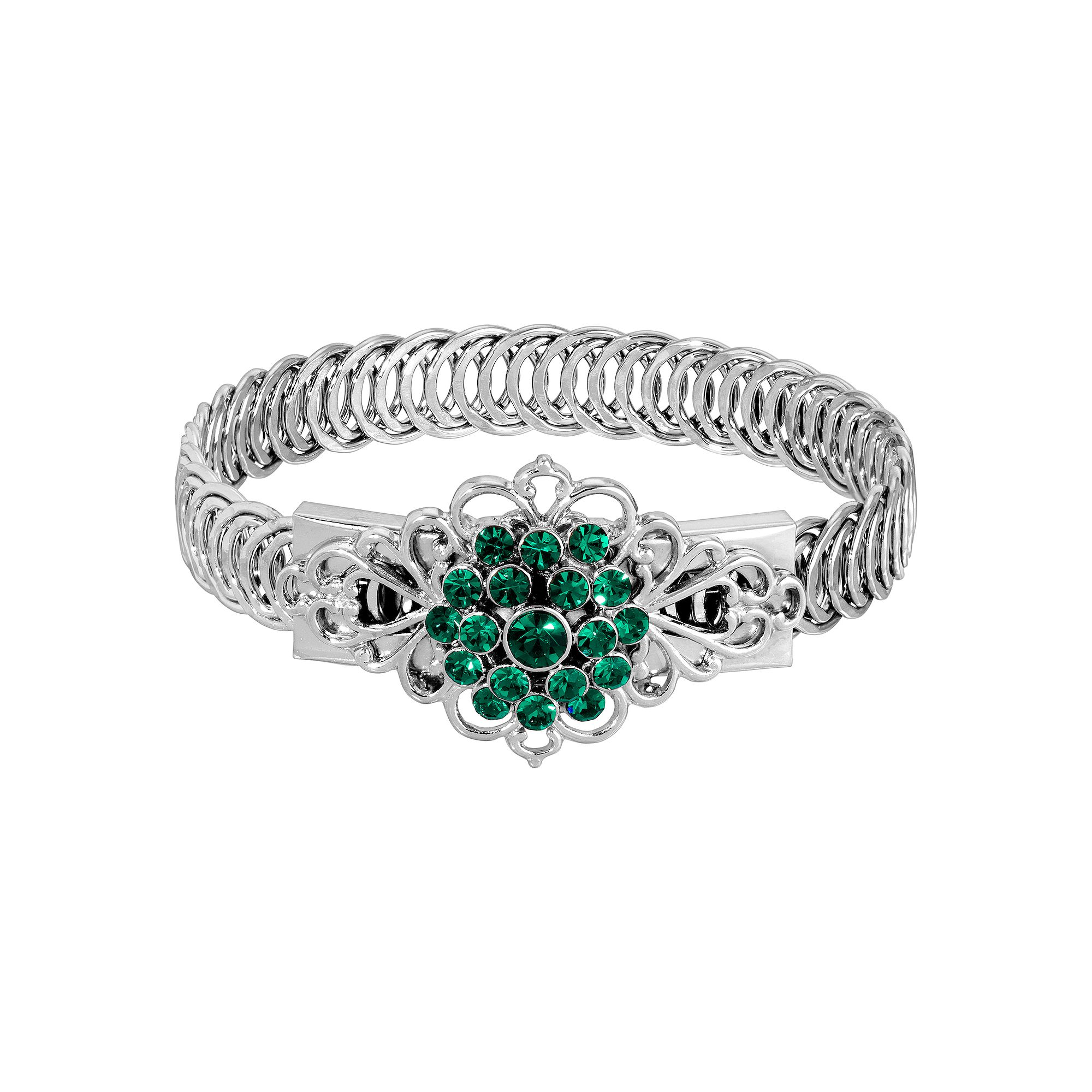 1928 Silver Tone Emerald Green Flower Overlay Belt Bracelet, Womens
