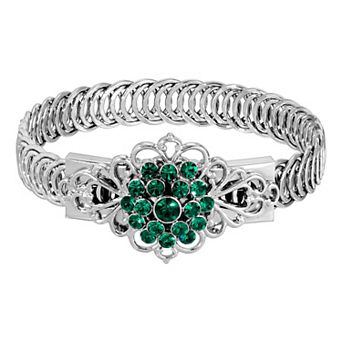 1928 Silver Tone Emerald Green Flower Overlay Belt Bracelet