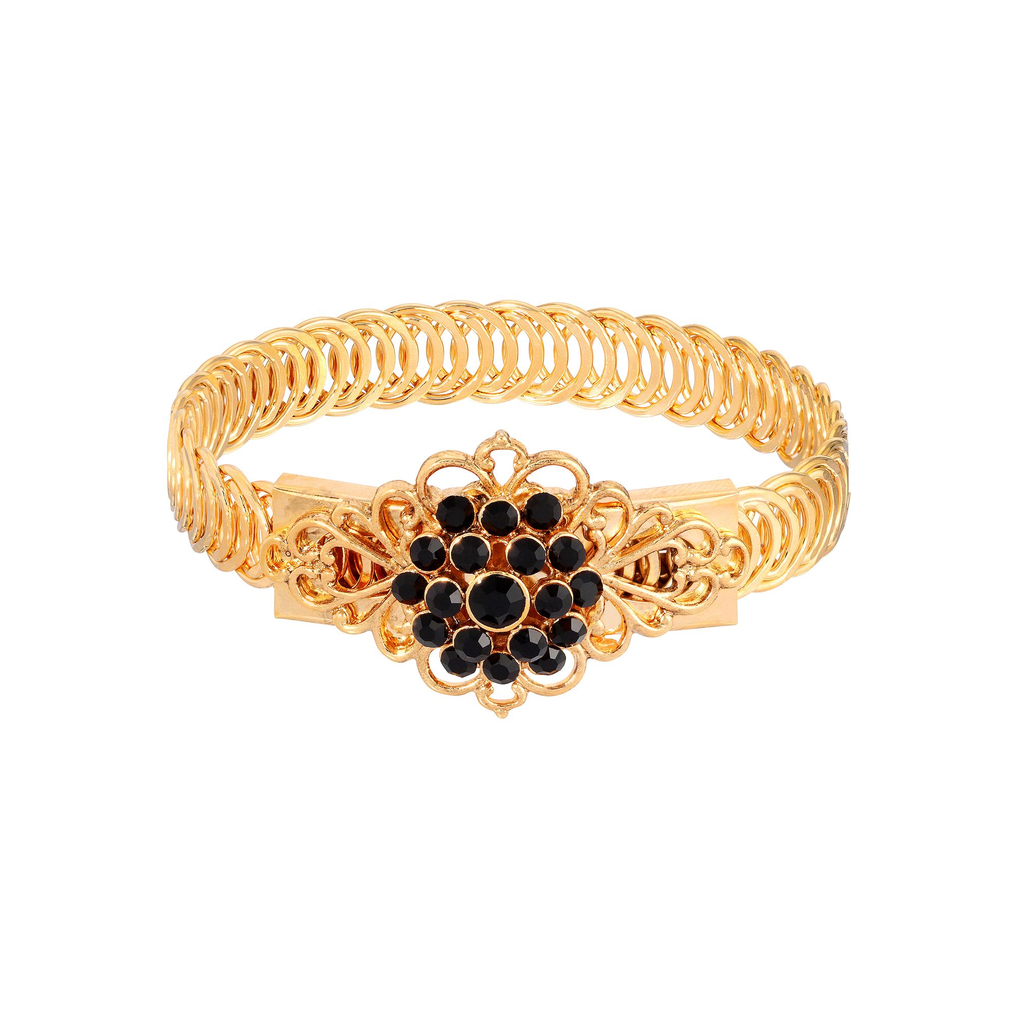 1928 Gold Tone Siam Flower Overlay Belt Bracelet, Womens, Black