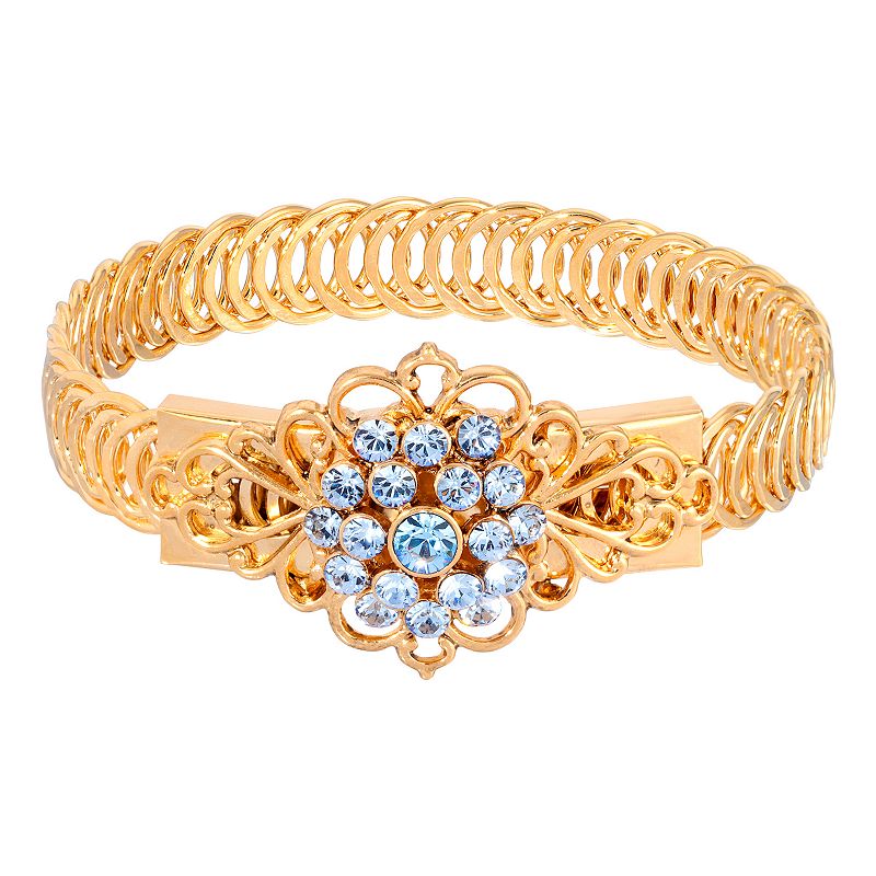 1928 Gold Tone Siam Flower Overlay Belt Bracelet, Womens, Blue