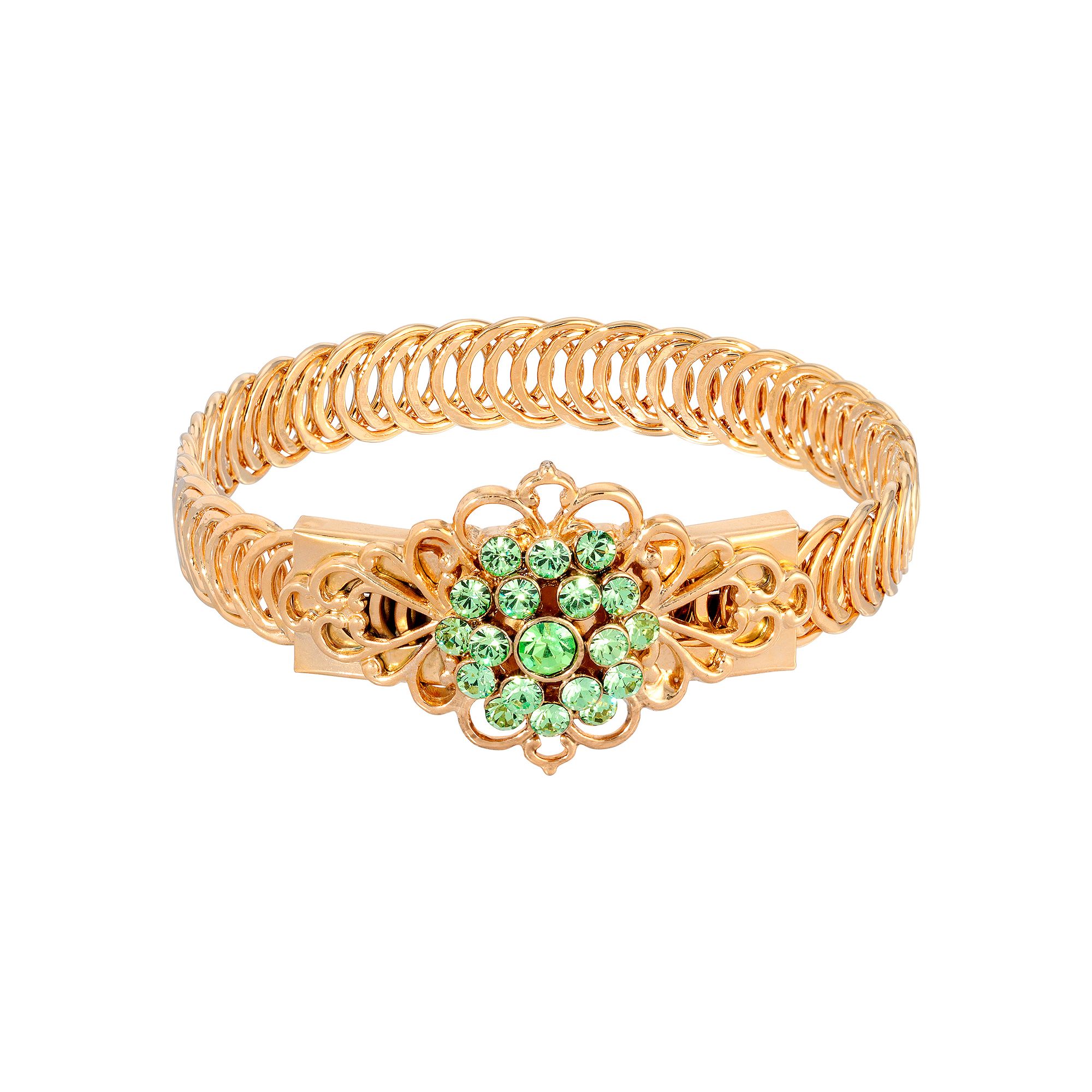 1928 Gold Tone Siam Flower Overlay Belt Bracelet, Womens, Green