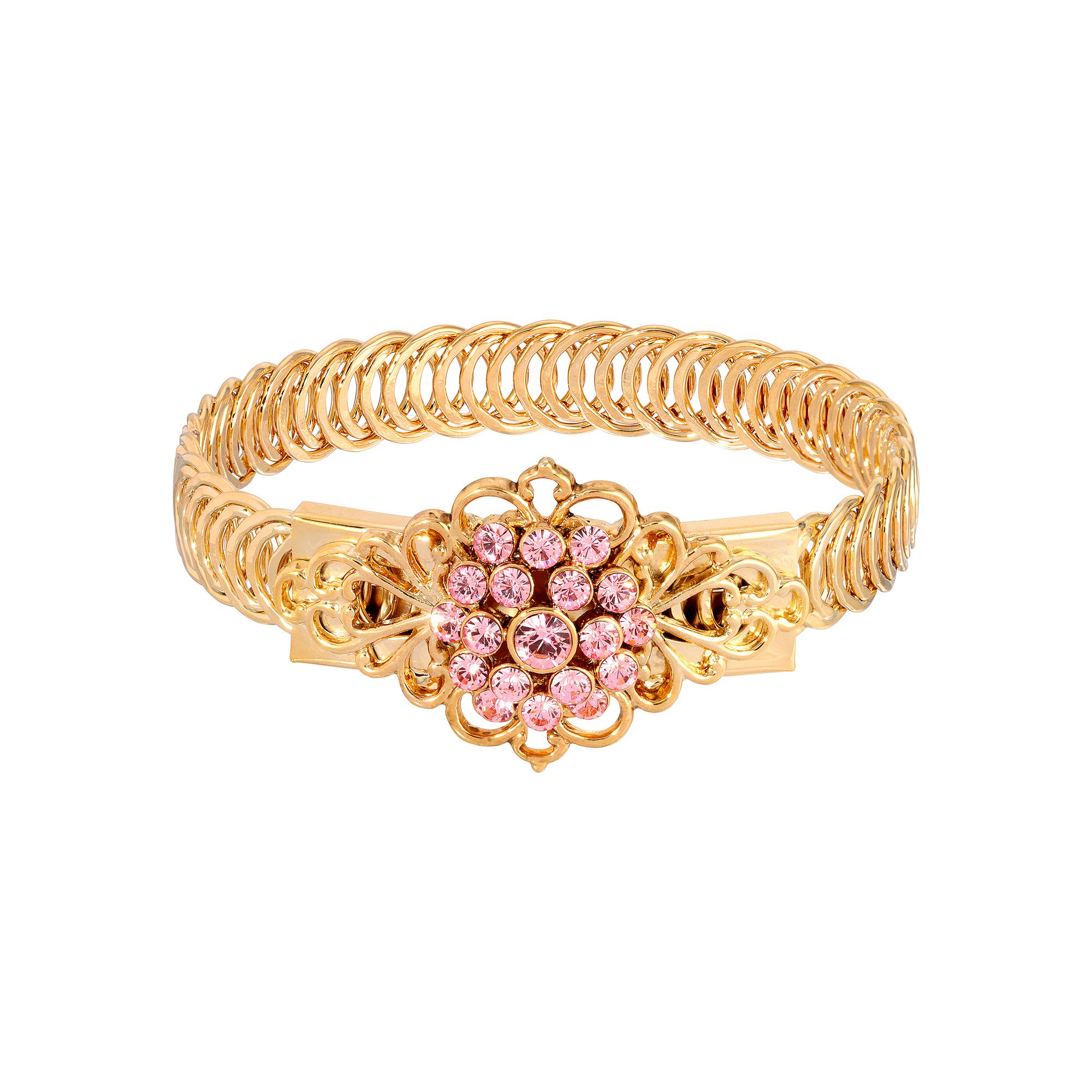 1928 Gold Tone Siam Flower Overlay Belt Bracelet, Womens, Pink