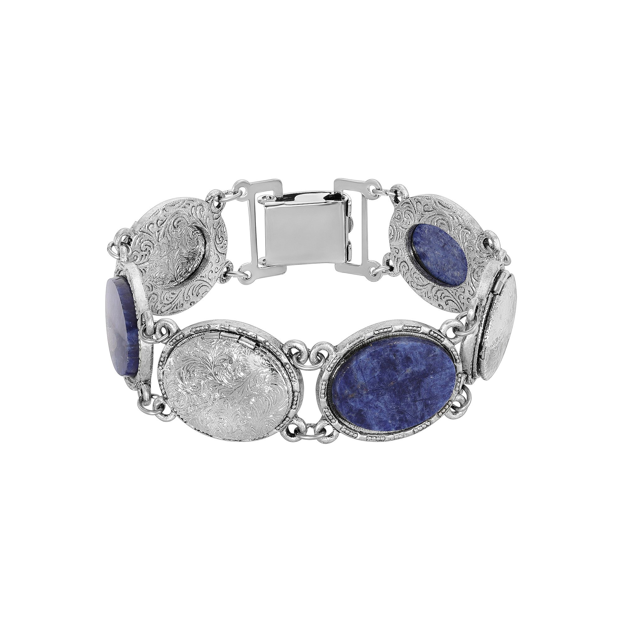 1928 Silver Tone Oval Blue Locket Link Bracelet, Womens