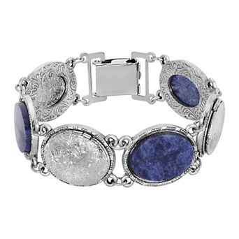1928 Silver Tone Oval Blue Locket Link Bracelet