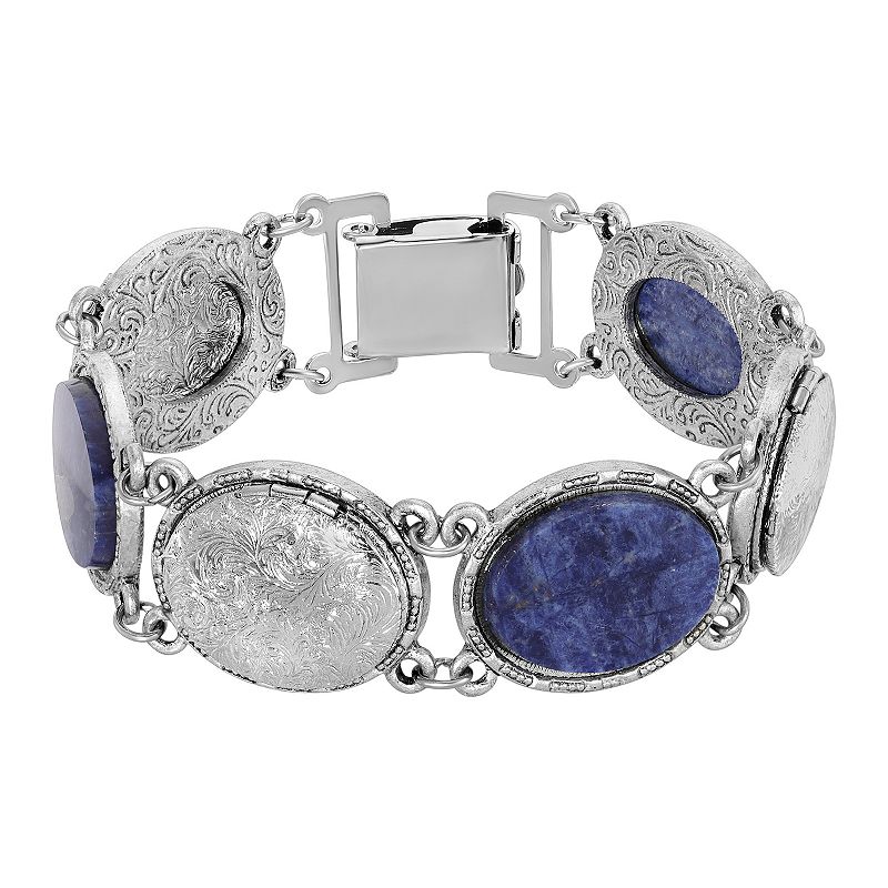 1928 Silver Tone Oval Blue Locket Link Bracelet, Womens