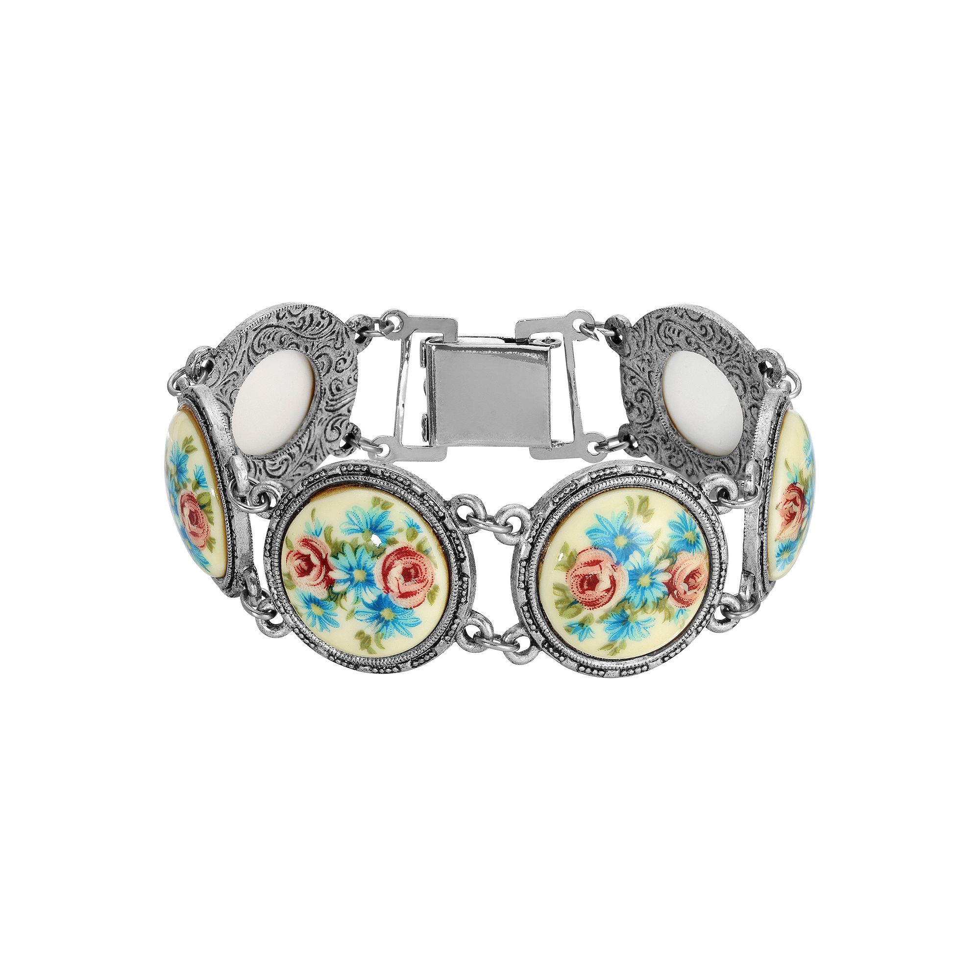 1928 Silver Tone Blue and Pink Rose Round Stone Link Bracelet, Womens