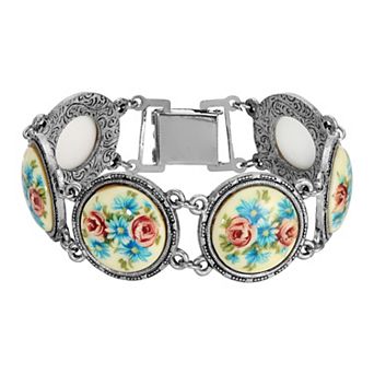 1928 Silver Tone Blue and Pink Rose Round Stone Link Bracelet