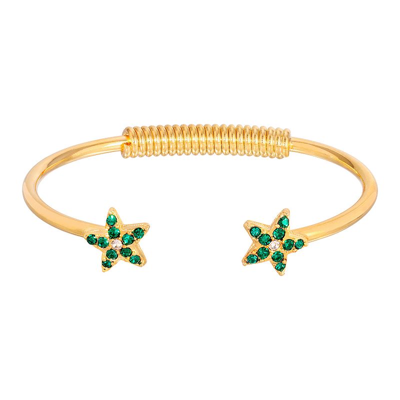 1928 Gold Tone Simulated Crystal Star Spring Bracelet, Womens, Green