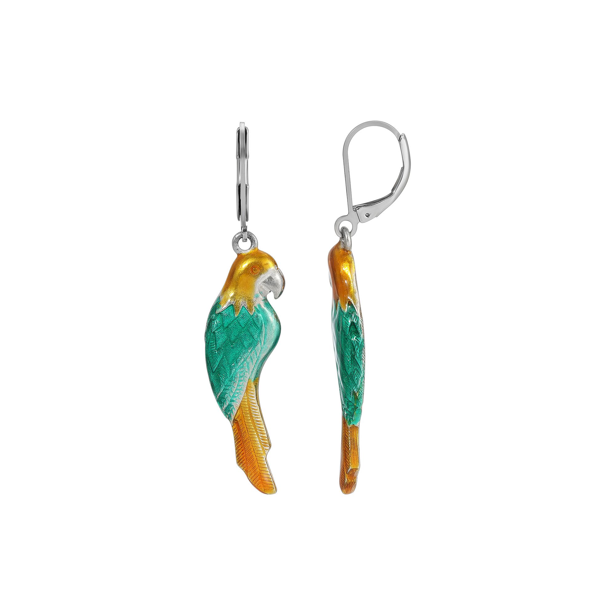 1928 Silver Tone Enamel Parrot Earrings, Womens, Green