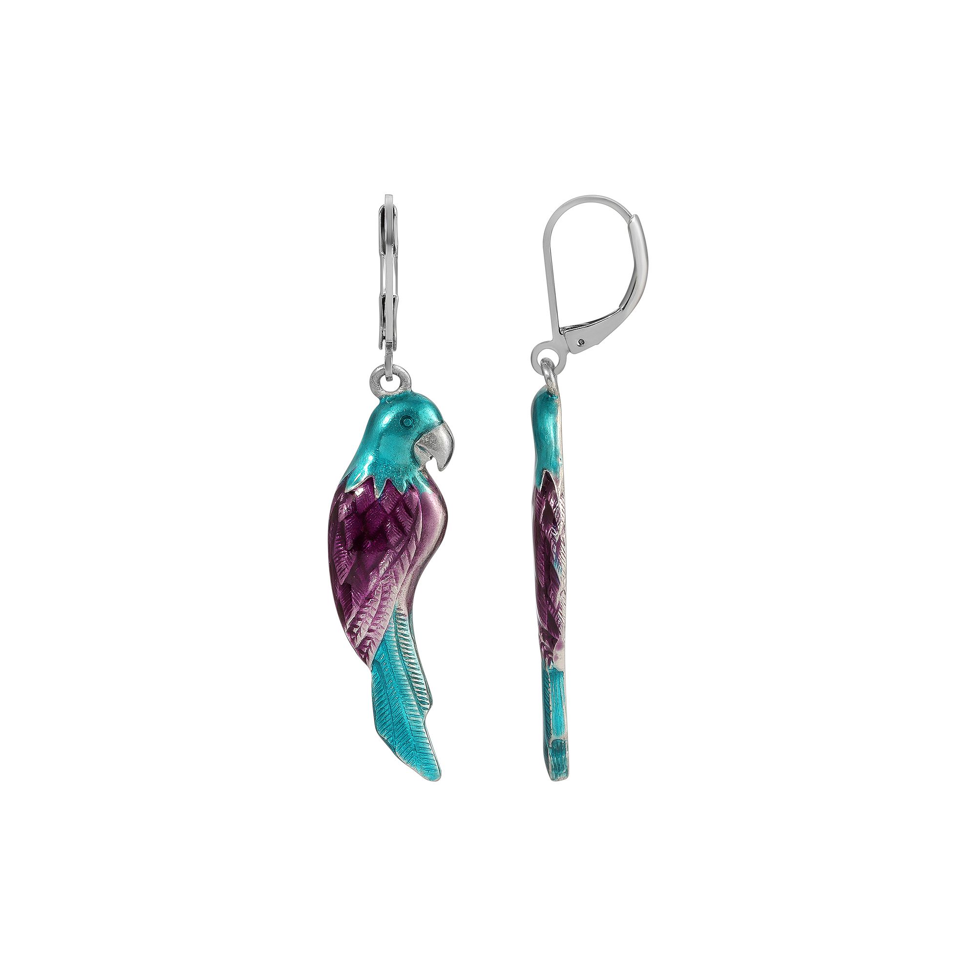 1928 Silver Tone Enamel Parrot Earrings, Womens, Purple