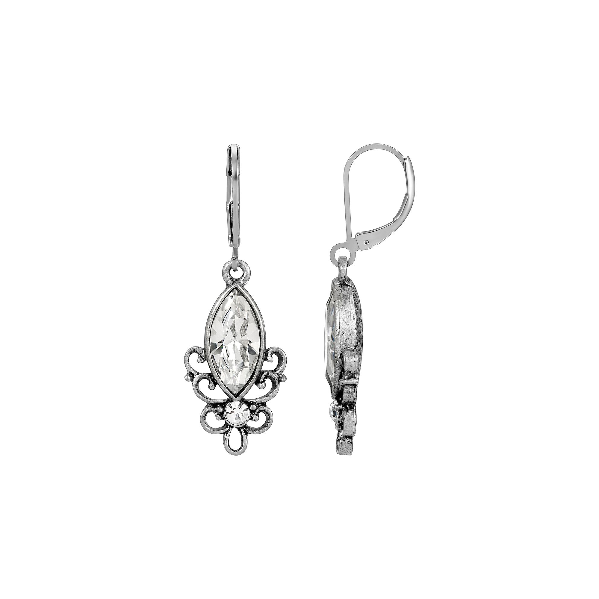 1928 Silver Tone Pewter Filigree Drop Earrings, Womens, Clear
