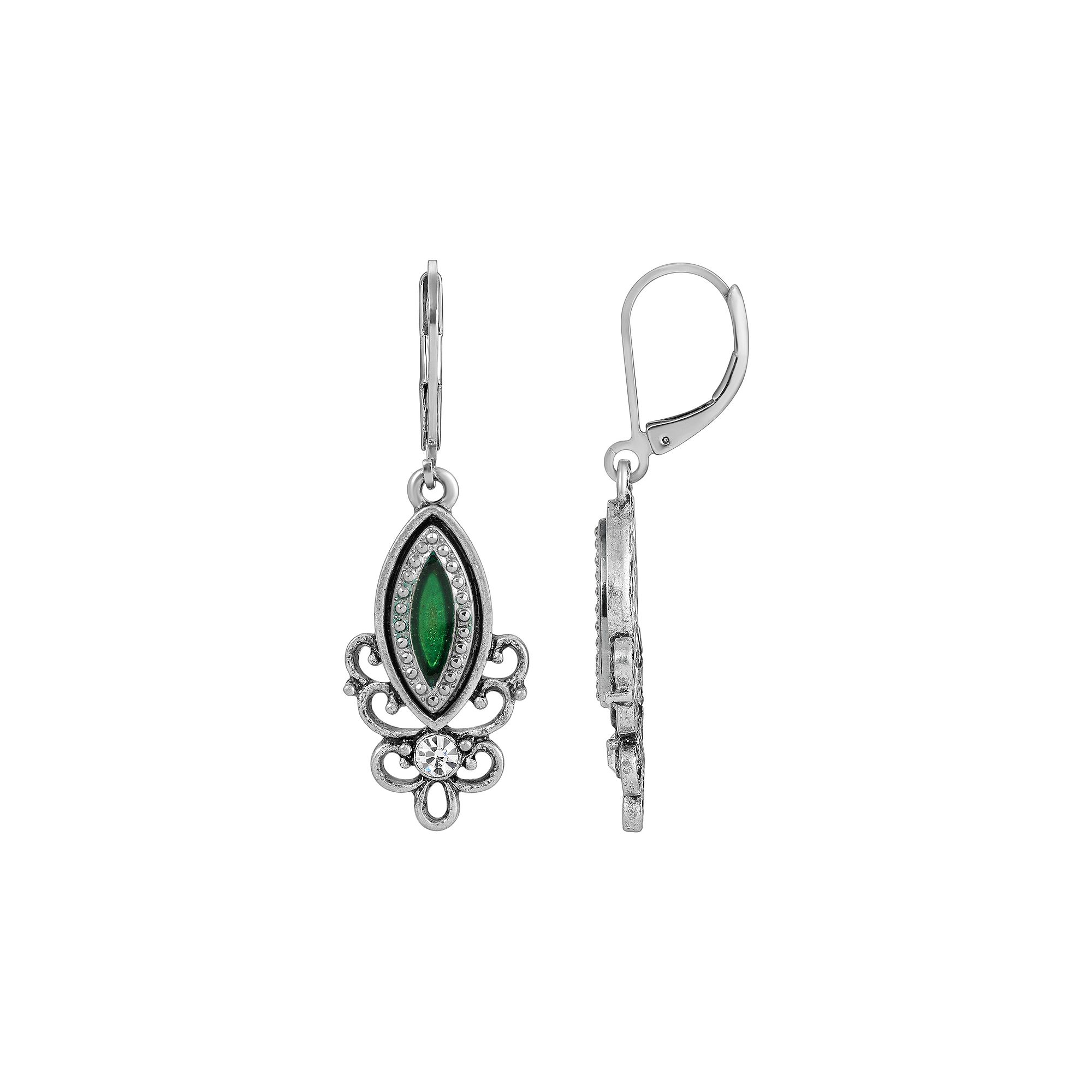 1928 Silver Tone Green Filigree Drop Earring, Womens