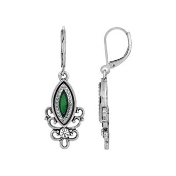 1928 Silver Tone Green Filigree Drop Earring