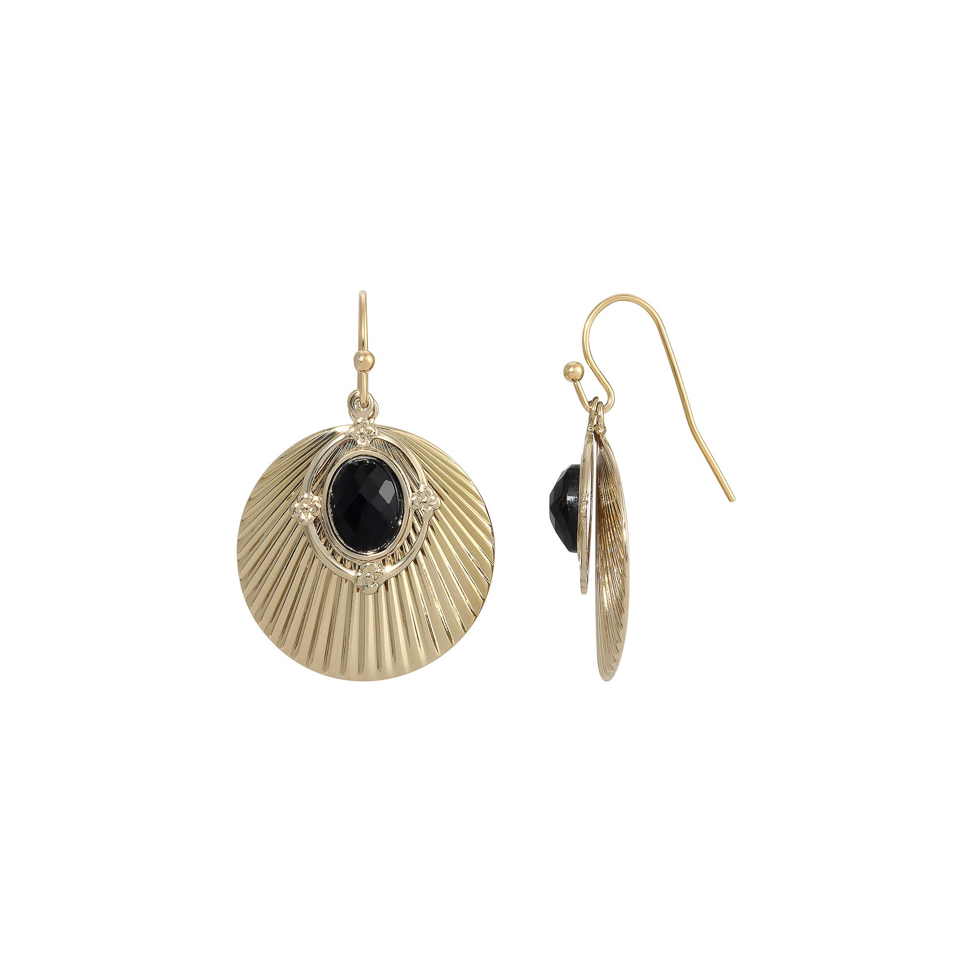 1928 Gold Tone Corrugated Shell with Black Oval Overlay Earrings, Womens