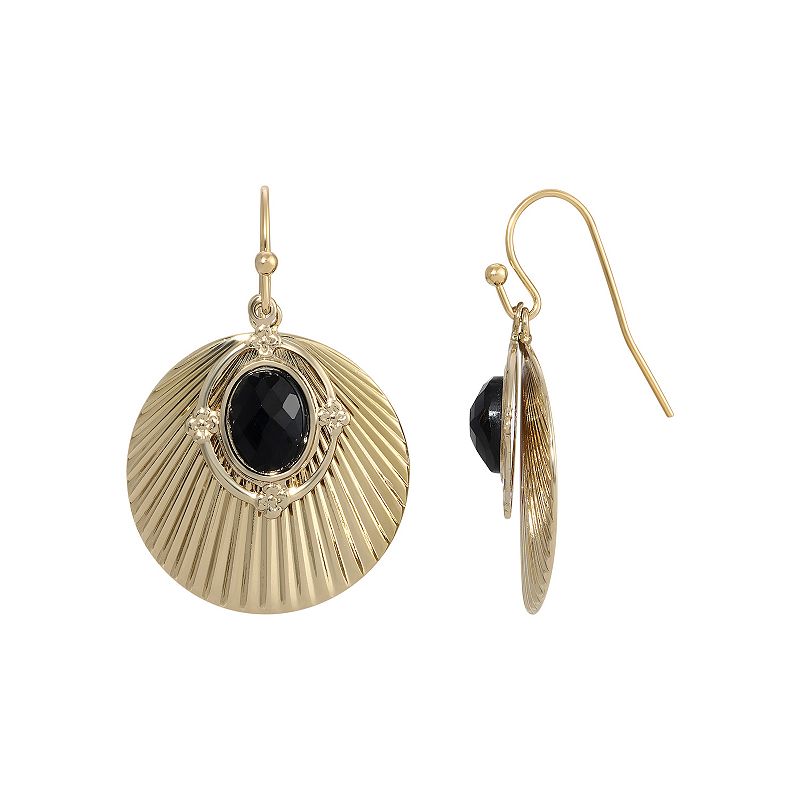 1928 Gold Tone Corrugated Shell with Black Oval Overlay Earrings, Womens