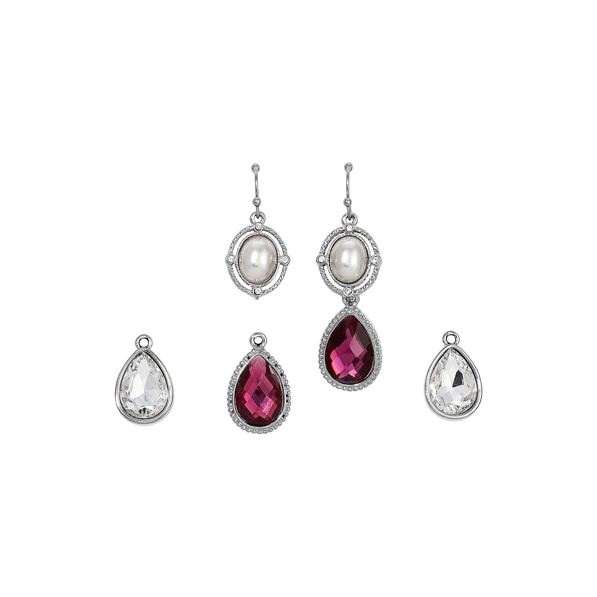 1928 Silver Tone Purple Simulated Pearl Interchangeable Earrings Boxed Set,