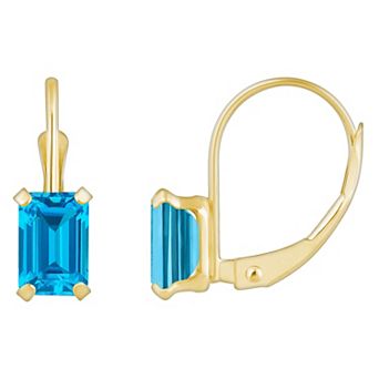 Celebration Gems 10k Gold Emerald Cut Swiss Blue Topaz Leverback Earrings