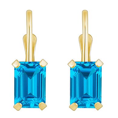 Celebration Gems 10k Gold Emerald Cut Swiss Blue Topaz Leverback Earrings