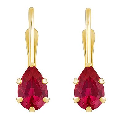 Celebration Gems 10k Gold Pear Shape Lab-Created Ruby Leverback Earrings