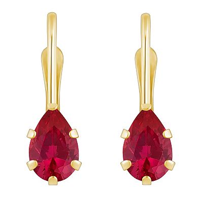 Celebration Gems 10k Gold Pear Shape Lab-Created Ruby Leverback Earrings