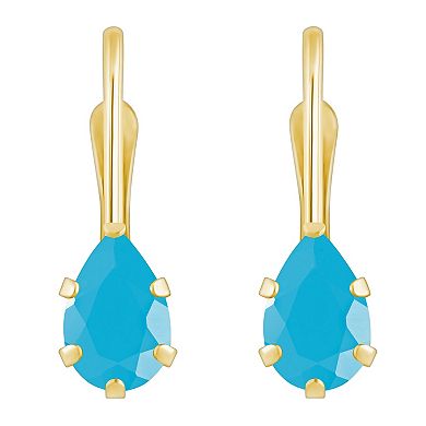 Celebration Gems 10k Gold Pear Shape Stabilized Turquoise Leverback Earrings