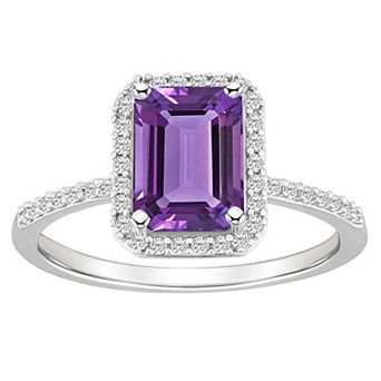 Celebration Gems 10k White Gold Emerald Cut Gemstone & Lab-Created White Sapphire Halo Ring