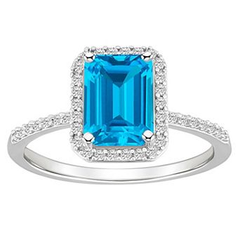Celebration Gems 10k White Gold Emerald Cut Gemstone & Lab-Created White Sapphire Halo Ring