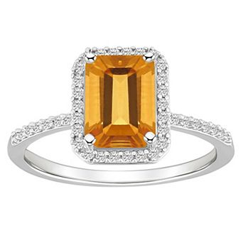 Celebration Gems 10k White Gold Emerald Cut Gemstone & Lab-Created White Sapphire Halo Ring
