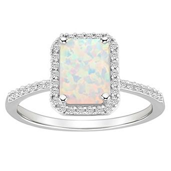 Celebration Gems 10k White Gold Emerald Cut Gemstone & Lab-Created White Sapphire Halo Ring