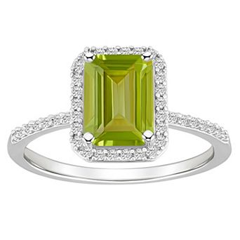 Celebration Gems 10k White Gold Emerald Cut Gemstone & Lab-Created White Sapphire Halo Ring