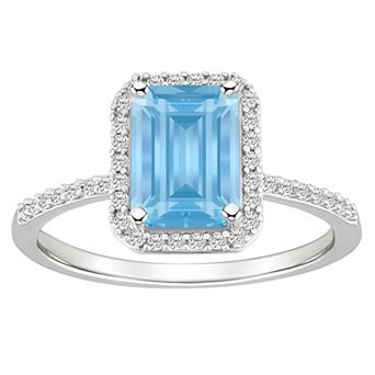 Celebration Gems 10k White Gold Emerald Cut Gemstone & Lab-Created White Sapphire Halo Ring