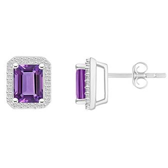 Celebration Gems 10k White Gold Emerald Cut Gemstone & Lab-Created White Sapphire Halo Stud Earrings