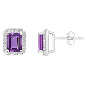 Celebration Gems 10k White Gold Emerald Cut Gemstone & Lab-Created White Sapphire Halo Stud Earrings