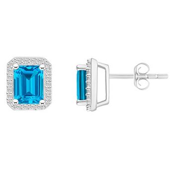Celebration Gems 10k White Gold Emerald Cut Gemstone & Lab-Created White Sapphire Halo Stud Earrings