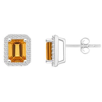 Celebration Gems 10k White Gold Emerald Cut Gemstone & Lab-Created White Sapphire Halo Stud Earrings