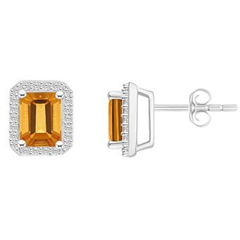 Celebration Gems 10k White Gold Emerald Cut Gemstone & Lab-Created White Sapphire Halo Stud Earrings