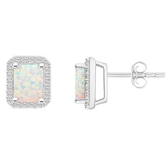 Celebration Gems 10k White Gold Emerald Cut Gemstone & Lab-Created White Sapphire Halo Stud Earrings