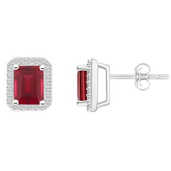 Celebration Gems 10k White Gold Emerald Cut Gemstone & Lab-Created White Sapphire Halo Stud Earrings