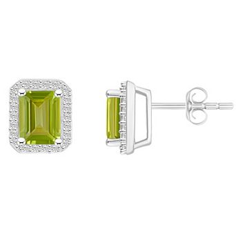Celebration Gems 10k White Gold Emerald Cut Gemstone & Lab-Created White Sapphire Halo Stud Earrings