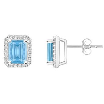 Celebration Gems 10k White Gold Emerald Cut Gemstone & Lab-Created White Sapphire Halo Stud Earrings