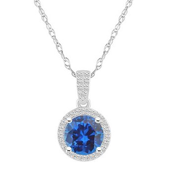Celebration Gems 10k White Gold Round Gemstone & Lab-Created White Sapphire Halo Pendant Necklace