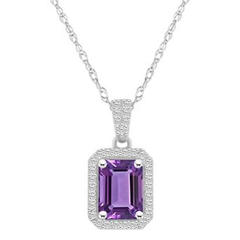 Celebration Gems 10k White Gold Emerald Cut Gemstone & Lab-Created White Sapphire Halo Pendant Necklace