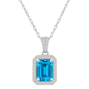 Celebration Gems 10k White Gold Emerald Cut Gemstone & Lab-Created White Sapphire Halo Pendant Necklace