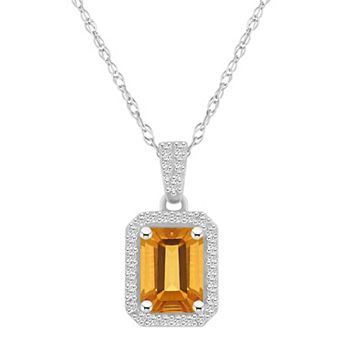 Celebration Gems 10k White Gold Emerald Cut Gemstone & Lab-Created White Sapphire Halo Pendant Necklace